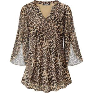 👑 Women's Coffee Colored Leopard 3/4 Sleeve V Neck Stretch Lose Fit Tunic Tops
